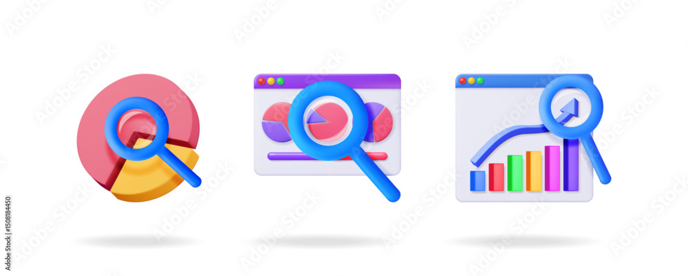 Poster collection of 3d vector illustrations of charts and graphs. data analysis and business reporting con