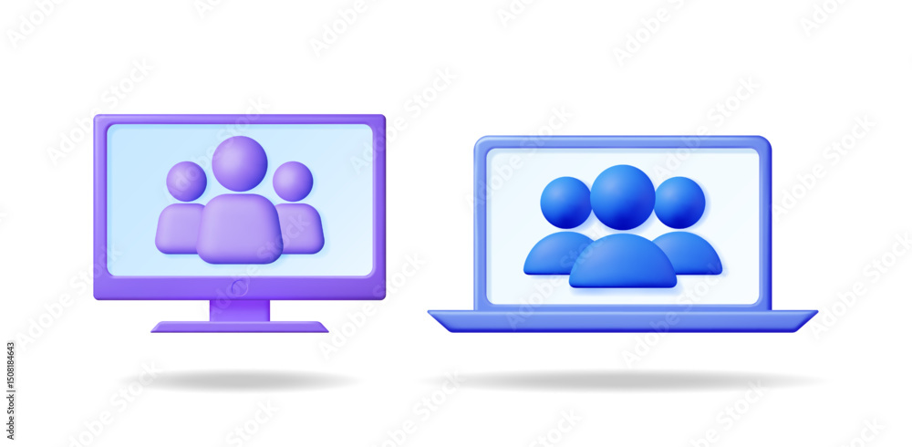 Poster computer monitor and laptop computer displaying user avatars. online team collaboration and digital 