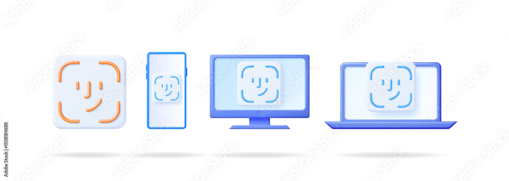 Poster face recognition user interface icon for smartphone, computer monitor, and laptop. biometric authent