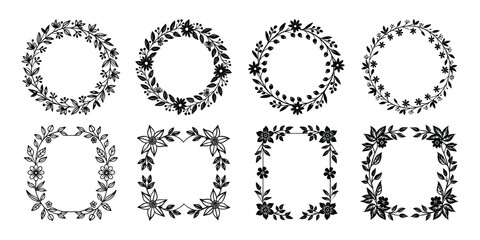 Floral decorative wreath and frame bundle isolated on white background.