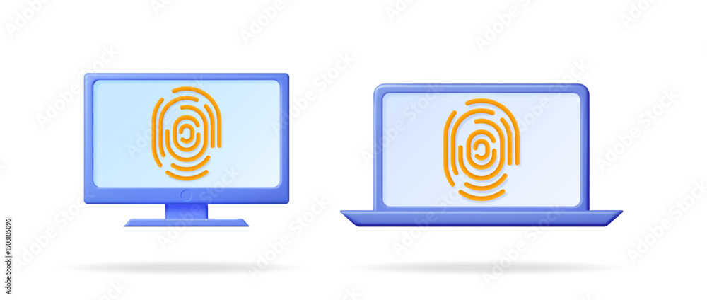 Poster computer monitor and laptop with fingerprint icon on screen. biometric security and digital identifi
