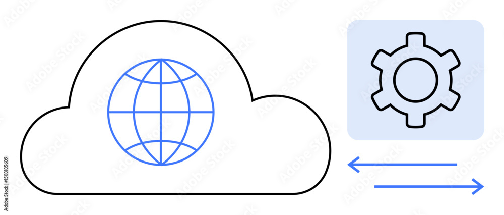 Poster cloud with globe representing global connectivity next to gear and arrow icons for configuration and