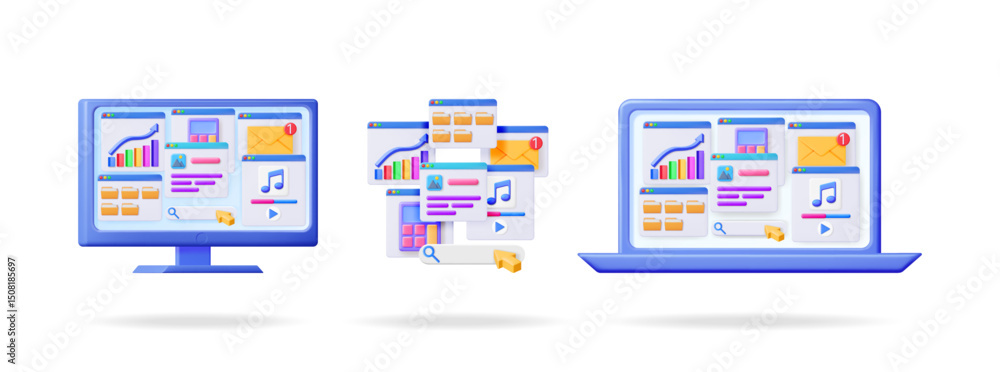 Poster computer, laptop and pop up windows with various application icons. digital technology with file fol