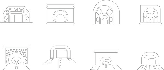 Tunnel Entrance Sign thin line icon set , vector, pixel perfect, in different style automobile bridge. Modern empty highway of road with tunnel pictogram inside isolated on transparent background.