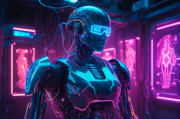 Futuristic Cyborg in Neon Lab. Generative AI.
