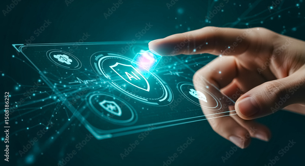 Aufkleber hand interacting with holographic display showcasing ai technology and futuristic interface features