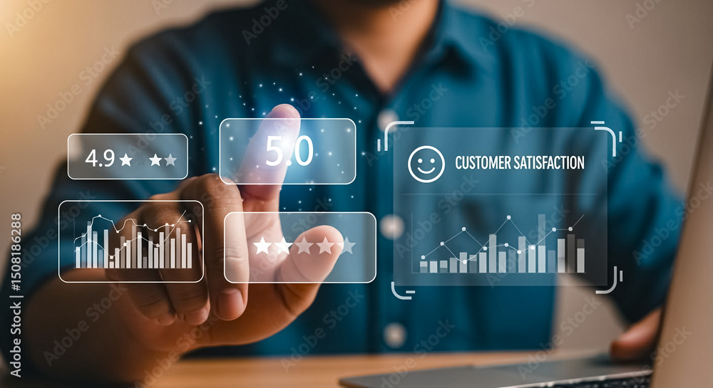 Aufkleber hand interacting with digital customer satisfaction metrics and business analytics dashboard