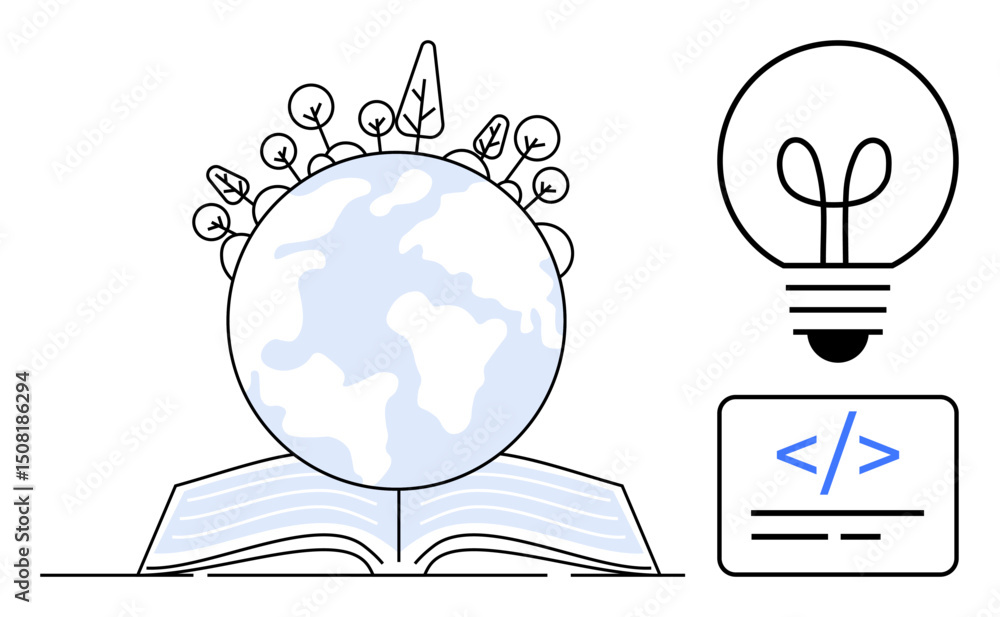Aufkleber globe resting on an open book surrounded by plants, light bulb symbolizing ideas, coding tag for tec