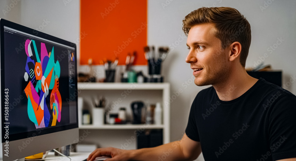 Poster graphic designer creating vibrant digital art in a modern workspace with computer