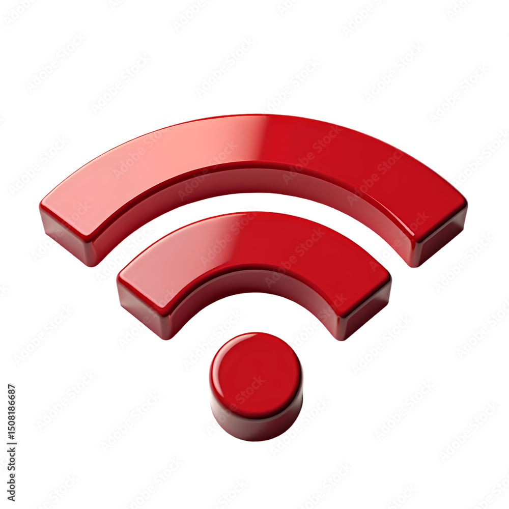 Poster a shiny red wifi symbol with two curved lines and a circle on a black background in a close up view