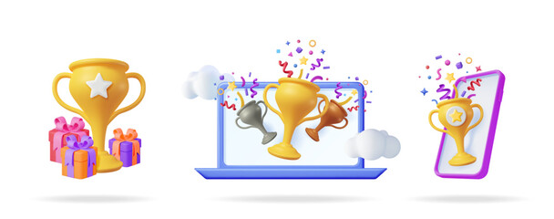 Fototapeta premium Golden trophy cup with gift boxes and awards on laptop and phone. Online contest winner and prize concept.