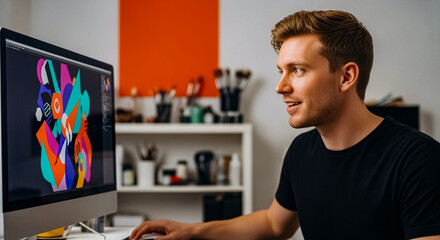 Graphic designer creating vibrant digital art in a modern workspace with computer