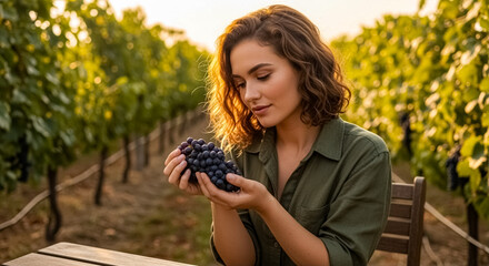 Grapes held by a woman in vineyard during sunset