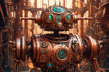 Intricate Steampunk Robot in Industrial Setting. Generative AI.