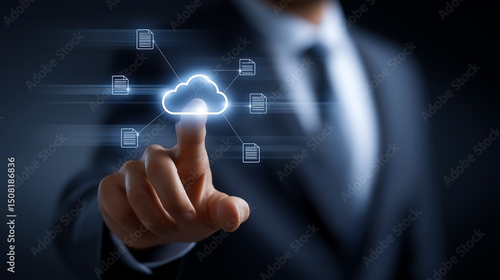 Aufkleber a businessman touching cloud icon linked with documents icons virtual display, cloud storage busines