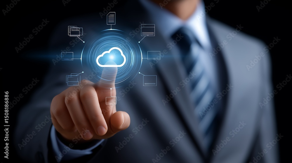 Poster a businessman touching cloud icon linked with documents icons virtual display, cloud storage busines