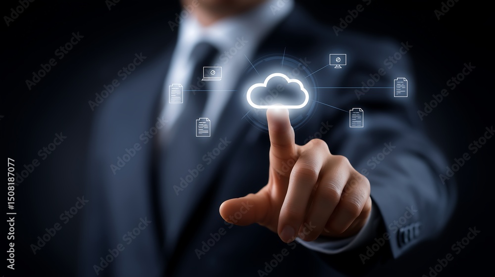 Poster a businessman touching cloud icon linked with documents icons virtual display, cloud storage busines