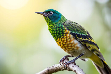 Fototapeta premium Gorgeous Spangled Cotinga Perched in Nature, Displaying Its Vibrant Blue and Green Plumage in a Serene Tropical Habitat, Vibrant Wallpaper