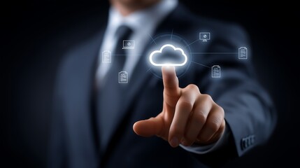 a businessman touching cloud icon linked with documents icons virtual display, cloud storage business documents management technology 