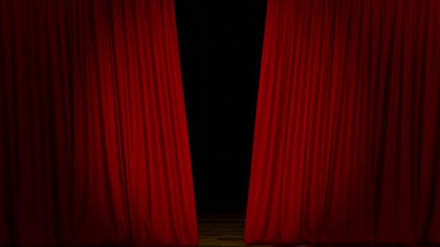 A realistic red fabric curtain with pleats opens on a black screen. Theater curtain. 4K 3D animation