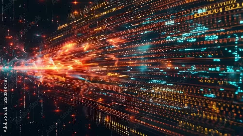 Aufkleber vivid digital data stream flowing through a high-tech environment with vibrant colors and glowing pa