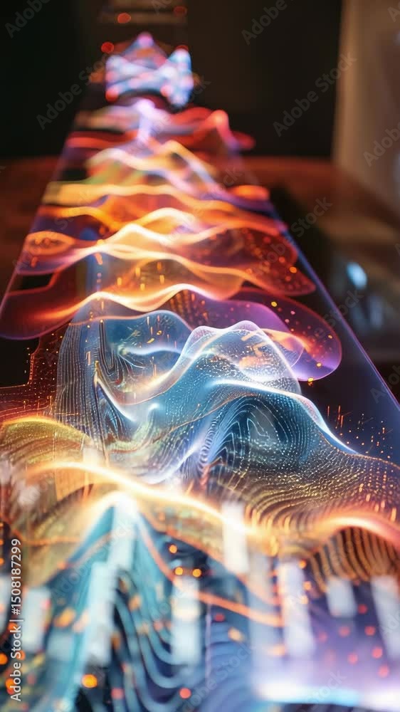 Poster colorful visual waves flow elegantly through a modern art installation in an urban gallery setting