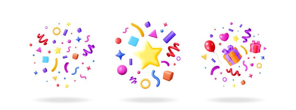 Colorful 3d vector celebration confetti with gift box and star for birthday and Christmas in white background.