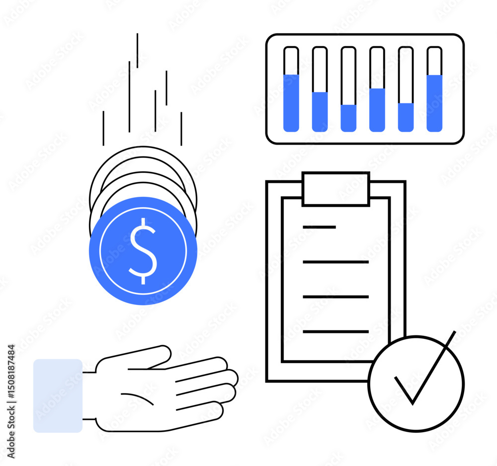 Poster coins dropping into an open hand, bar chart showing data, checklist on clipboard with a checkmark. i
