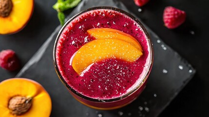 Close-up of a refreshing raspberry peach smoothie with fruits on a marble surface