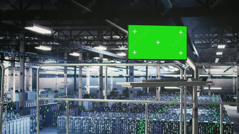 Poster industrial platform workstation in automated data center displaying deep learning code on green scre