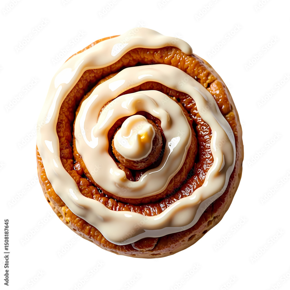 Poster a top down view of a cinnamon roll with white frosting swirled on top in a spiral pattern on a black