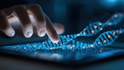A hand interacts with a digital DNA model on a tablet
