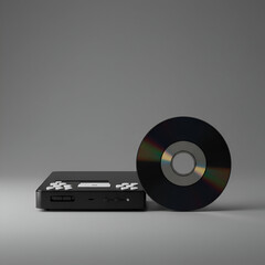 Obraz premium Black multimedia device with white buttons next to a CD resting on a neutral gray surface. Modern technology with a retro aesthetic, evoking memories of the past in a minimalist design.