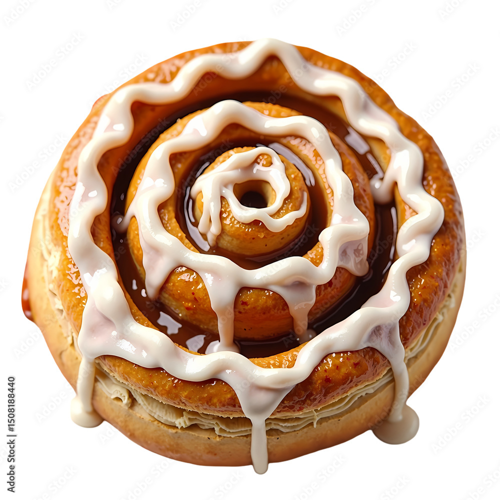 Aufkleber a close up of a cinnamon roll with white icing drizzled on top on a black background in sharp focus