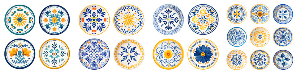 Beautiful, intricate ceramic plates featuring colorful floral designs in blue and yellow tones, ideal for home decor, events, and artistic presentations