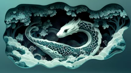 Papier peint photo Chambre de fille Mystical forest dragon with serpentine form coils through enchanted woodland embodying ancient magic natural guardianship and mythic energy in a surreal fantasy inspired environment  © naeem