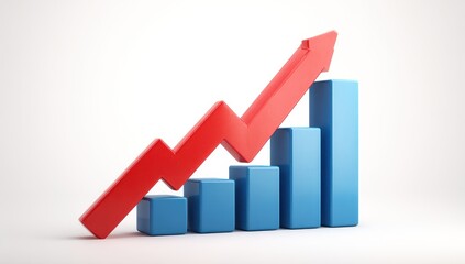 3D bar graph with rising red arrow, signifying growth