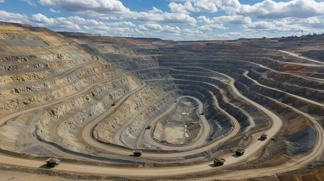 Aerial view of open pit mine with winding roads and tracks