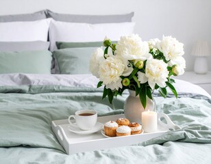 Light bedroom and pastel green and gray bedding linen set. Huge white peonies bouquet