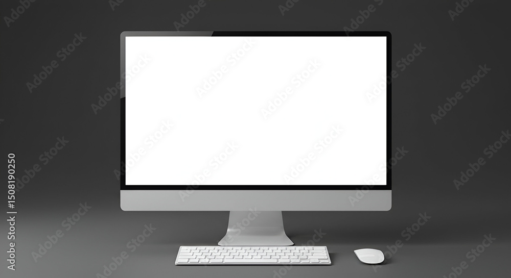 Poster gray monitor with white keyboard and mouse on a dark gray surface. modern computer setup for graphic