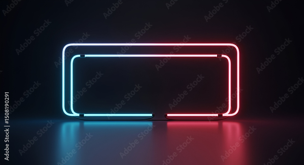 Poster neon light rectangle frame with dual color illumination in dark interior setting. empty display agai