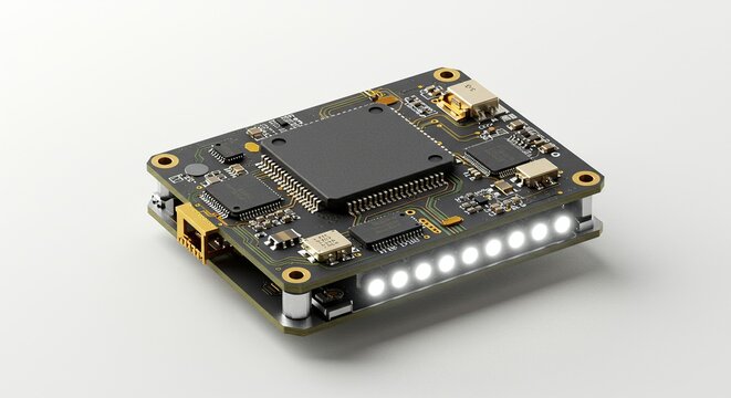 Dark rectangular circuit board with LEDs