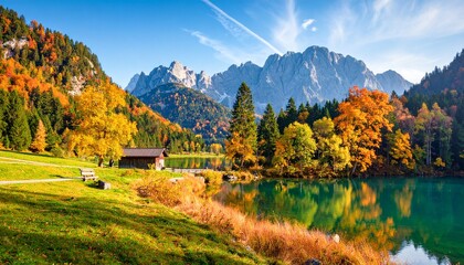 Astonishing autumn scene of Schiederweiher pond. Poppular travell destination. 