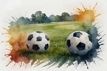 Close-up of a soccer ball on the field in watercolor style
