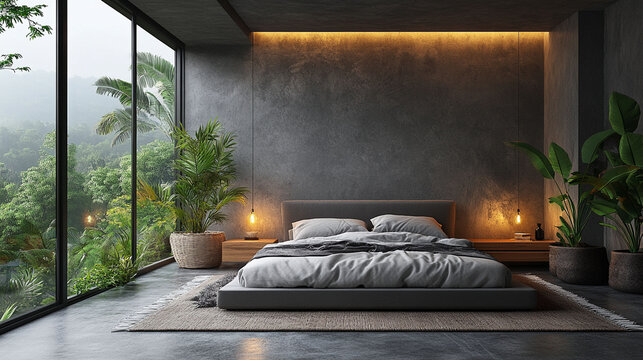 Fototapeta Modern bedroom with concrete walls and jungle view.