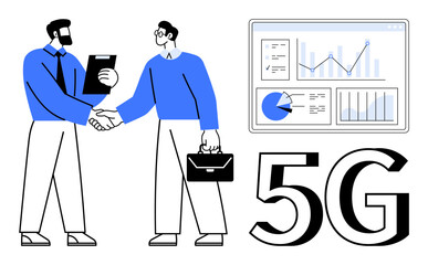 Business agreement sealed as partners shake hands, business charts displayed on screen, prominent 5G text. Ideal for technology, innovation, business partnerships, data analytics, teamwork