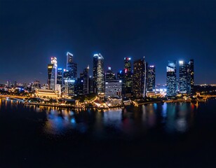 Fototapeta premium Night cityscape panorama, skyscrapers reflected in dark water