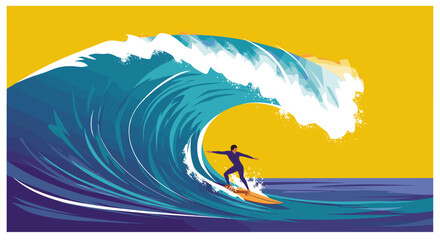 Surfer riding a large wave against a vibrant yellow background  