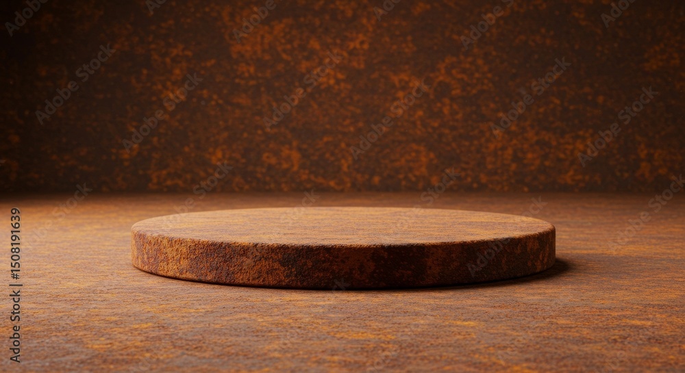 Poster rusty circular platform with a textured surface in a brown studio setting. empty display for showcas