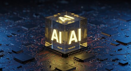 Artificial intelligence circuit board concept with glowing cube and futuristic technology for innovation and machine learning processing development data science